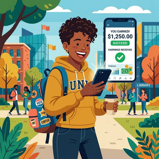 Happy student earning money on phone